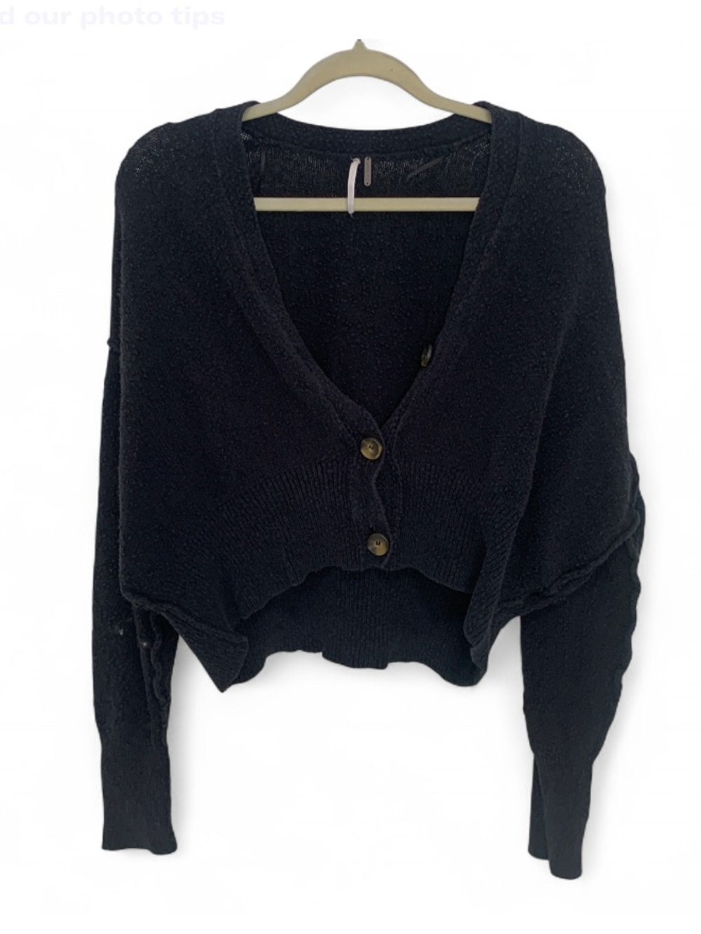 Free People Found My Friend Black Cropped V-Neck Button Cardigan